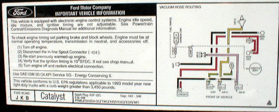 Ford 5.8L emission decal code F3AE-9C485-JKB, 1993 light-duty truck, vacuum hose routing diagram