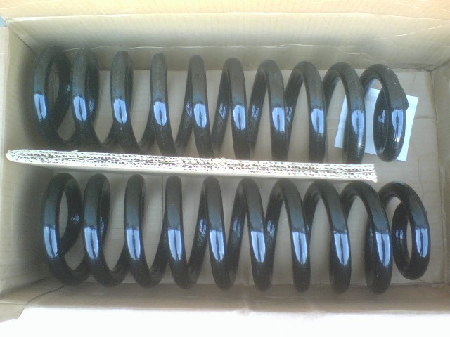 Two black coil springs in a cardboard box