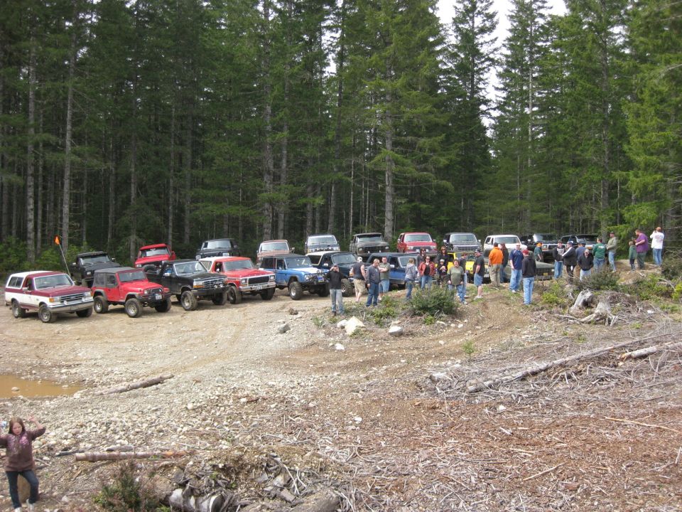 Group of off-road vehicles parked in a forest with people standing around them