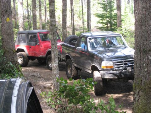 1979 Ford Bronco - Two off-road vehicles navigate a wooded trail, with a black Ford Bronco leading the way.