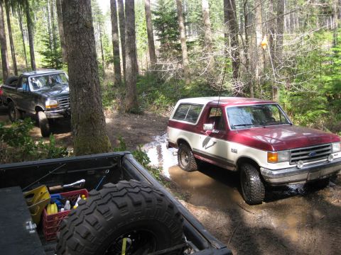 1979 Ford Bronco - Two off-road vehicles navigate a wet, wooded path, kicking up mud as they go.