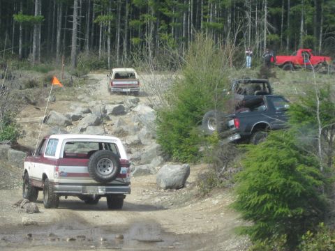 1979 Ford Bronco - Several off-road vehicles navigate a challenging, rocky path through a dense forest.