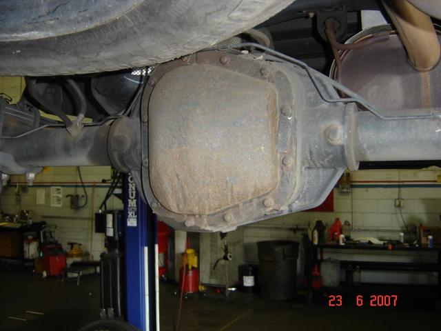 Rear differential assembly on a vehicle lifted in a garage. Date stamp on photo reads 23 6 2007