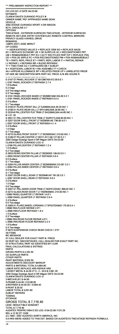 1971 Ford Ranchero - This document details a preliminary inspection report with costs for a 2002 Dodge Durango Sport.