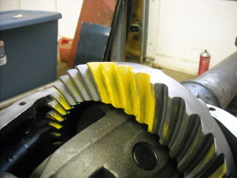 1979 Ford F-150 - Differential ring gear showing tooth contact pattern after applying marking compound.
