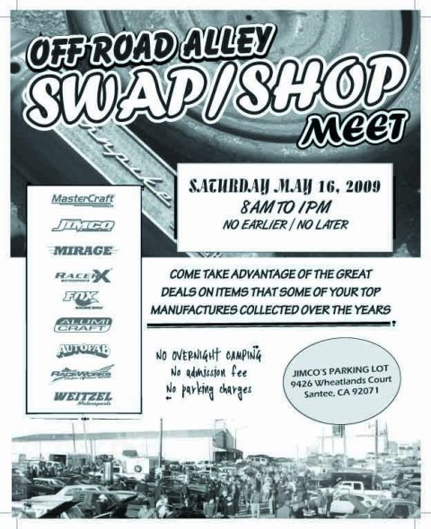 1984 Ford Bronco - This flyer advertises an off-road swap meet event, detailing the date, time, location, and rules for attendees.