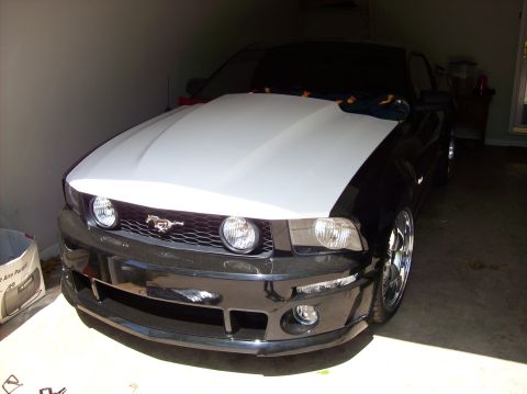 2007 Ford Mustang - Front view of a 2007 Ford Mustang with a white hood.