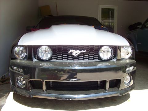 2007 Ford Mustang - The front of a Ford Mustang is shown, a prominent hood scoop and a distinctive grille with the iconic running horse emblem.