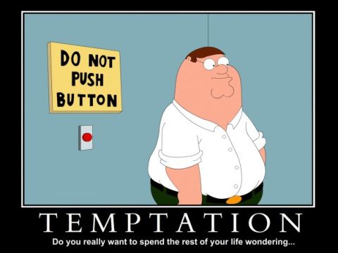 2005 Suzuki GSX-R 1000 - A meme Peter Griffin and a tempting button, captioned 'TEMPTATION'.