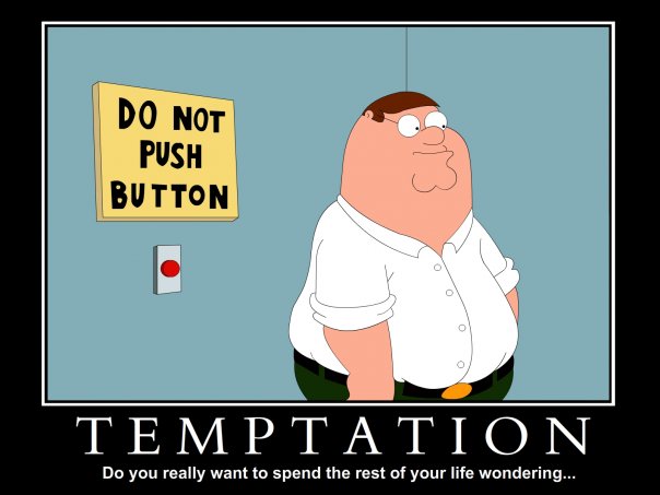 Peter Griffin stands near a sign that says 'DO NOT PUSH BUTTON' and a red button