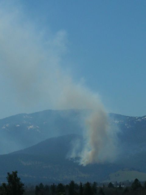 1996 Ford Bronco - Wildfire smoke billows into the sky above a forested mountain range.