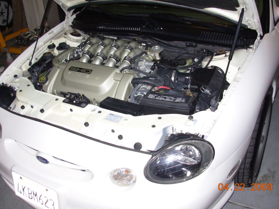 White Ford Taurus SHO engine bay with V8 engine cover and dual exhaust manifolds