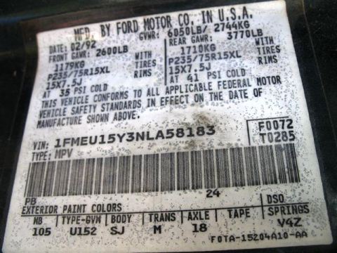 1992 Ford Bronco - This VIN plate shows the vehicle was manufactured in February 1992.