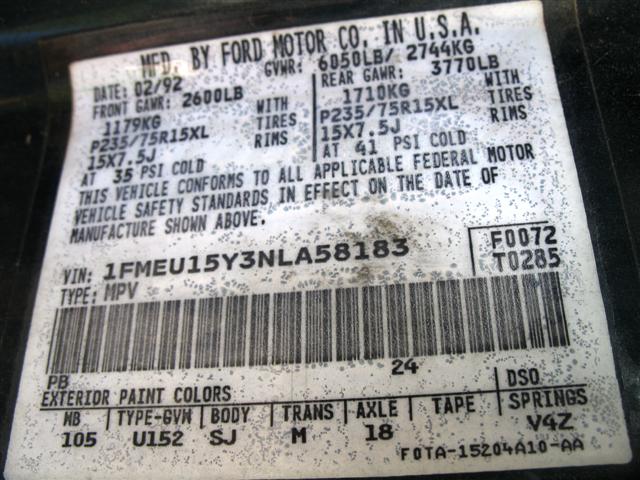 '92 Bronco Ford certification label with VIN 1FMEU15Y3NLA58183, GVWR, tire sizes and paint codes