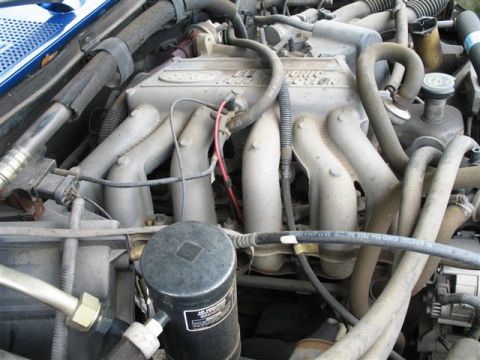 1992 Ford Bronco - This image shows a close-up view of a Ford V8 engine, focusing on the intake manifold and various hoses.
