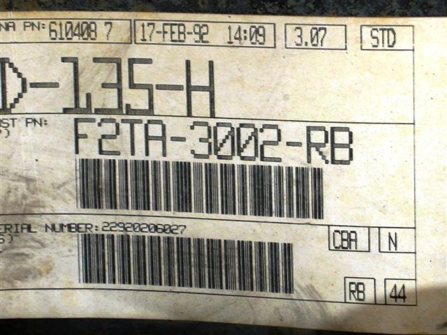 Dana axle tag F2TA-3002-RB with serial number 22920206027, 3.07 ratio and 17-FEB-92 build date