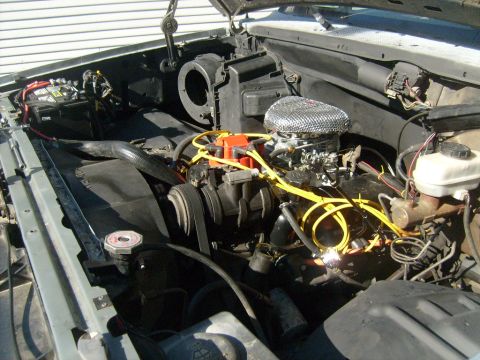1987 Ford Bronco - Close-up view of a V8 engine bay, showing the carburetor and ignition system.