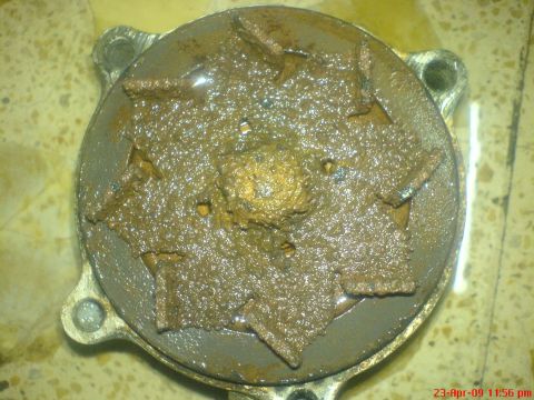 1992 Ford Crown Victoria - This water pump part is heavily corroded and covered in sludge, indicating significant wear and potential failure.