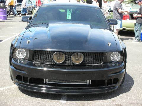 1992 Ford Crown Victoria - A black 2005 Ford Mustang is displayed at a car show, a custom hood and grille.