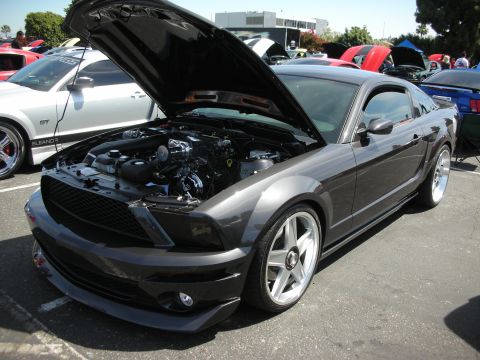 1992 Ford Crown Victoria - A dark gray Ford Mustang from the 2005 model year is displayed with its hood open at a car show.