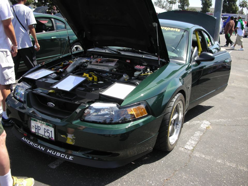 Green Ford Mustang, front view, hood and driver door open. "AMERICAN MUSCLE" sticker on lower front bumper