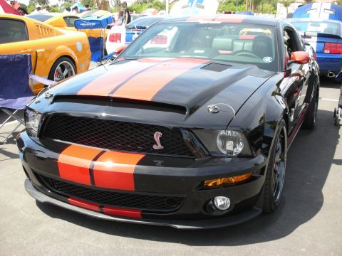 1992 Ford Crown Victoria - A black Ford Mustang Shelby GT500 with racing stripes is parked at an outdoor car show, with other vehicles visible.