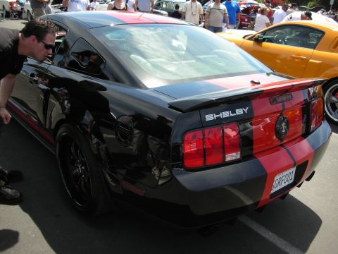 1992 Ford Crown Victoria - A black Shelby Mustang with red racing stripes is viewed from the rear, parked next to a yellow car.