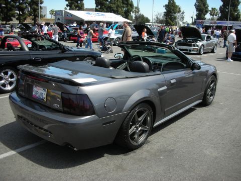 1992 Ford Crown Victoria - Gray 2000 Ford Mustang convertible seen from the rear at a car show event.