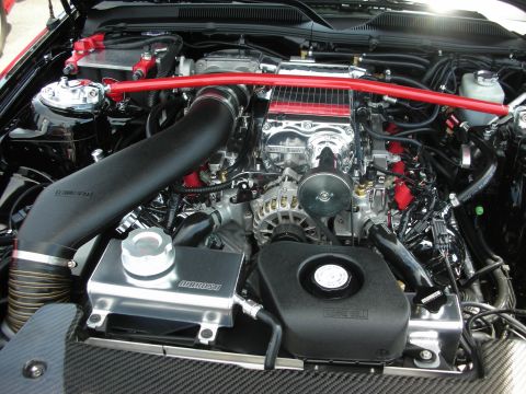 1992 Ford Crown Victoria - Engine bay features a polished supercharger, red strut tower brace, and a Mishimoto coolant reservoir.