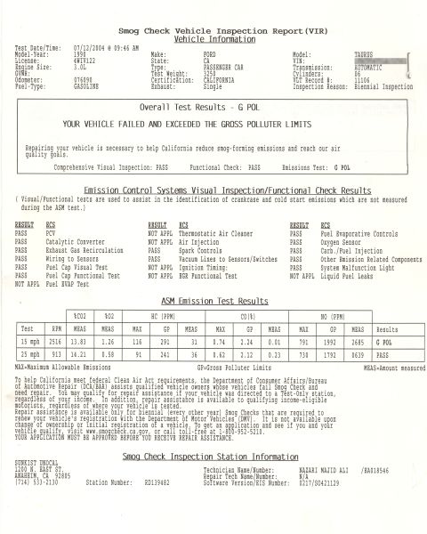 1990 Ford Taurus - This is a smog certificate document with various lines of text and numerical data.
