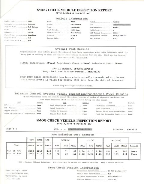1990 Ford Taurus - This document is a Smog Check Vehicle Inspection Report detailing vehicle information and emission test results.