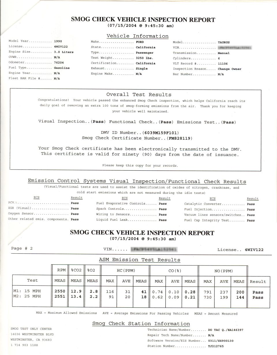 1990 Ford Taurus 3.0L California Smog Check Vehicle Inspection Report PASS
