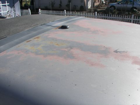 1987 Ford Bronco - The weathered roof of a vehicle displays patches of primer and rust beneath a black antenna.