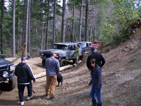 1991 Ford Bronco - Several off-road vehicles navigate a wooded trail, with a camouflaged Ford Bronco in the foreground.