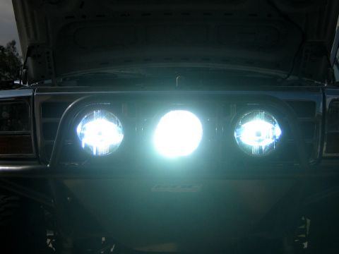 1996 Ford Bronco - Front view of a 1996 Ford Bronco aftermarket headlights and a bull bar.