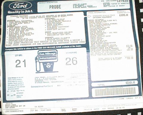 1993 Ford Probe - This document details the original pricing and equipment for a 1993 Ford Probe.