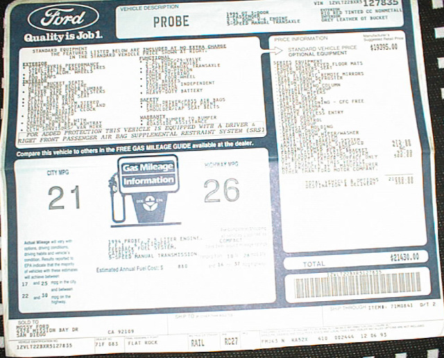 1994 Ford Probe window sticker with standard equipment, options, 21/26 MPG and $21430.00 total