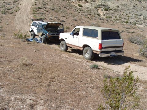 1995 Ford Bronco - A 1995 Ford Bronco is parked on a dirt road, with its hood up and a person working underneath the other SUV.