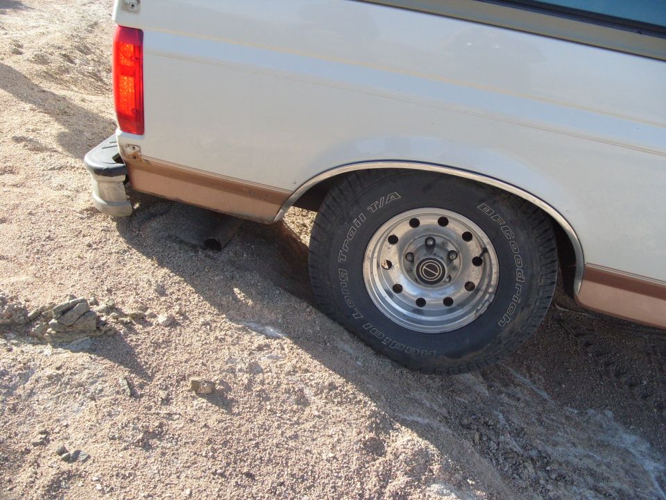 White and brown Ford Bronco rear wheel and quarter panel, off-road tire, dirt terrain