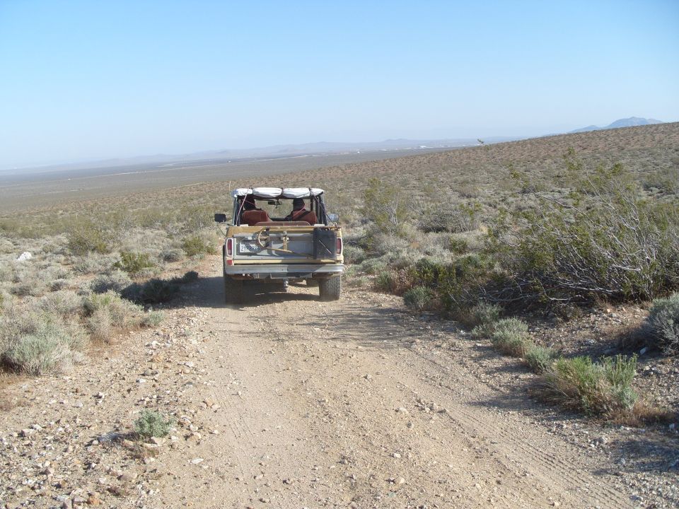 Rear view of a tan and gray Ford Bronco with its top removed, driving on a dirt road in a desert.
