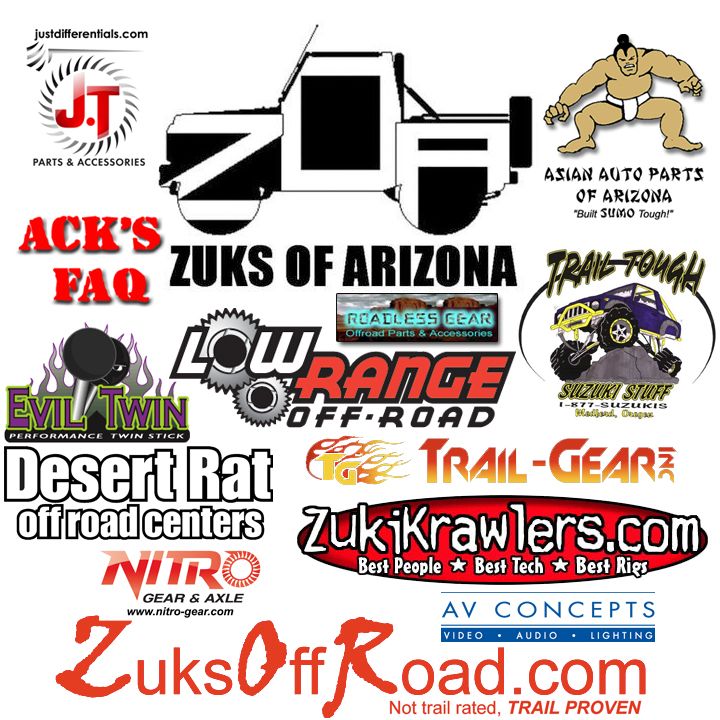 Collage of logos for off-road vehicle parts and accessories businesses, including Zuks of Arizona, Low Range Off-Road, and Trail-Gear