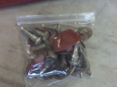 1989 Ford Bronco - A bag of assorted hardware, including bolts and red plastic clips, is shown.