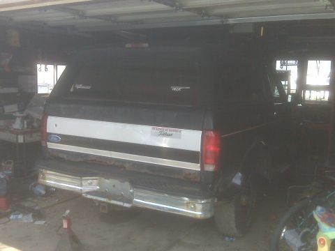 1995 Ford Bronco - Rear view of a black Ford Bronco with a white stripe and a camper shell, parked in a garage.
