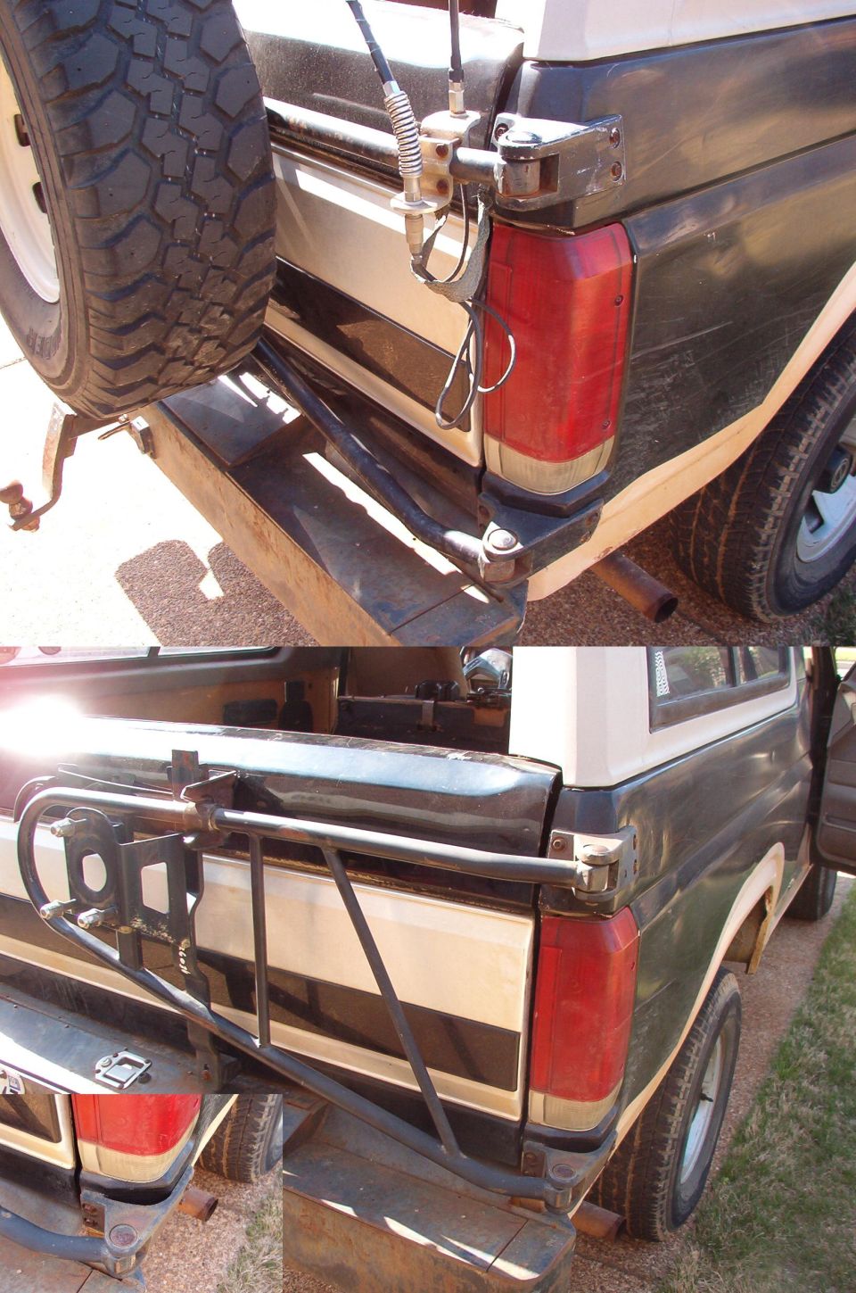 Rear corner of a black-and-tan truck showing tire carrier and taillight