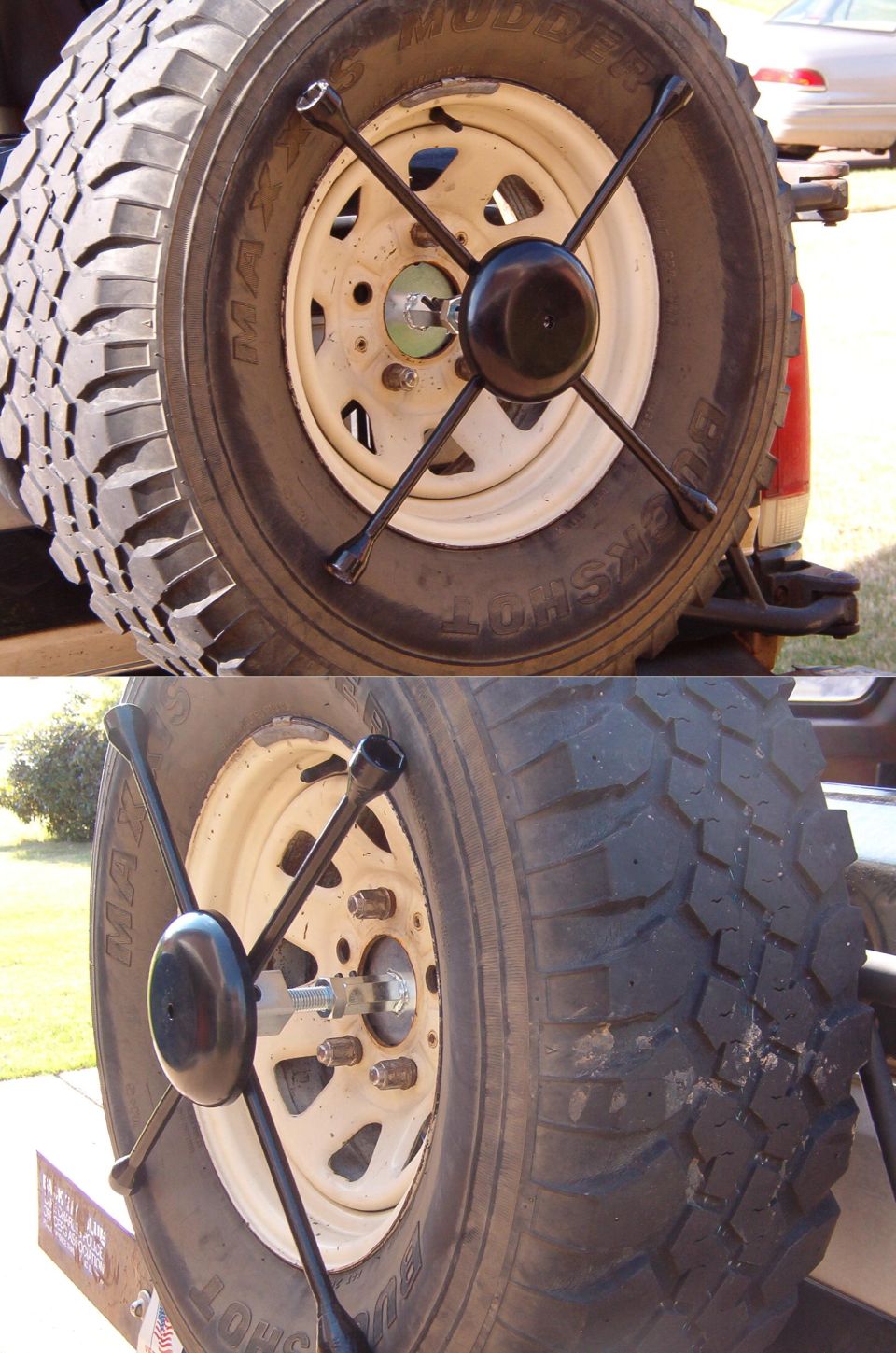 White spare wheel with X-shaped lug wrench held against tire
