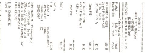 1995 Ford Bronco - This is a USPS receipt detailing a purchase of shipping labels and stamps made in 2009.