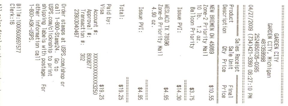 USPS receipt for shipping labels and stamps from 2009