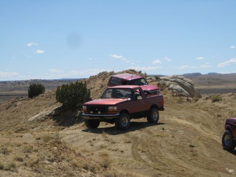 1993 Ford Bronco - Two Ford Broncos, one red and one pink, are parked on a dirt hill under a blue sky.