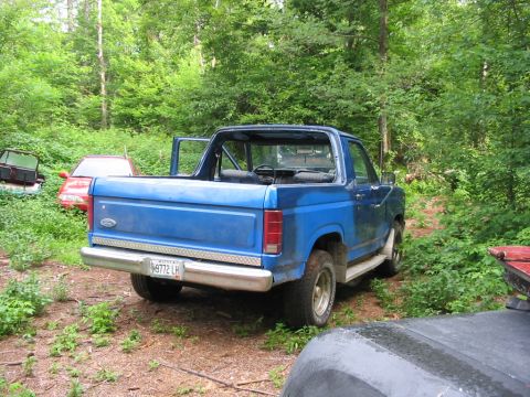 1985 Ford Bronco - A blue 1985 Ford Bronco is parked in a wooded area, with its doors open, showing its interior.
