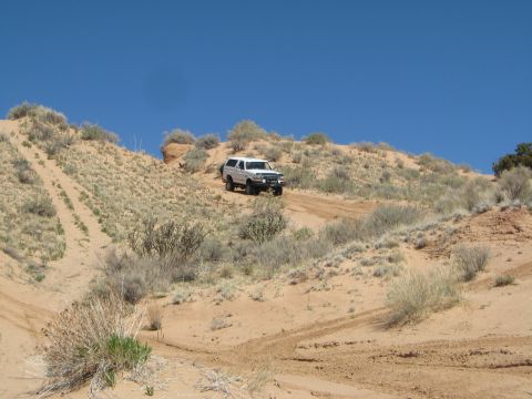 1993 Ford Bronco - A white 1993 Ford Bronco navigates a sandy incline, its off-road capabilities under a clear blue sky.